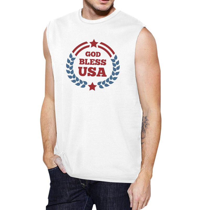 God Bless USA Mens White Cap Sleeve Cotton Muscle Tank Top For Men