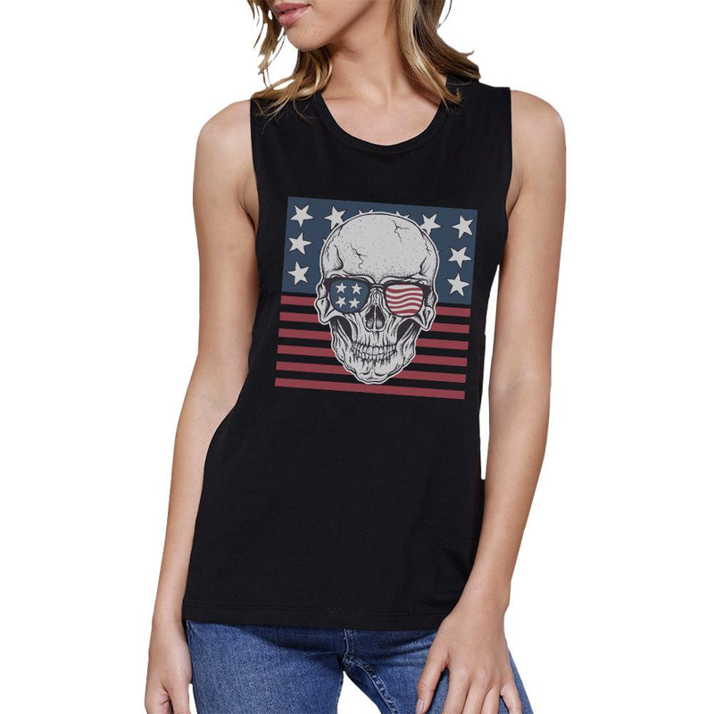 Skull American Flag Womens Black Muscle Tee Crew Neck Line Cotton