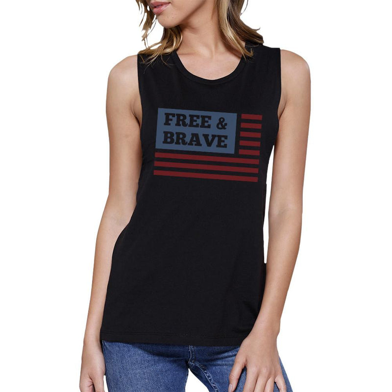 Free & Brave Us Flag Womens Black Funny Muscle Tanks Crewneck Line
