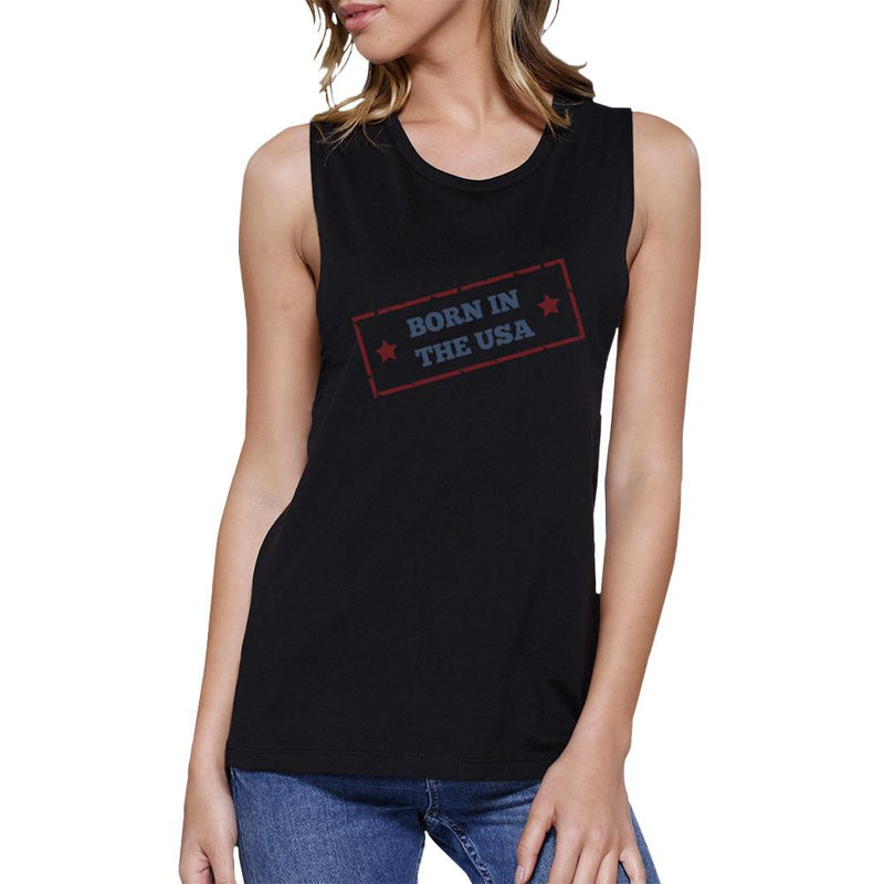 Born In The USA Black Round Neck Graphic Muscle Tank Top For Women