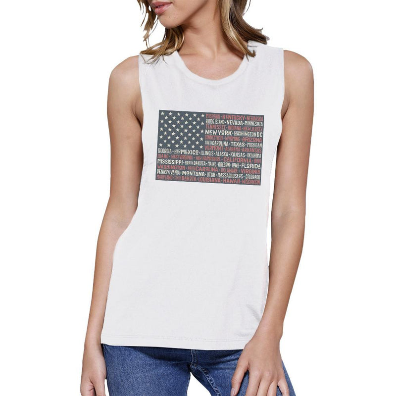 50 States Us Flag Womens White Muscle Top Cap Sleeve For 4 Of July