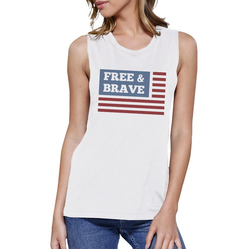 Free & Brave Us Flag Womens White Funny Muscle Tanks Crewneck Line