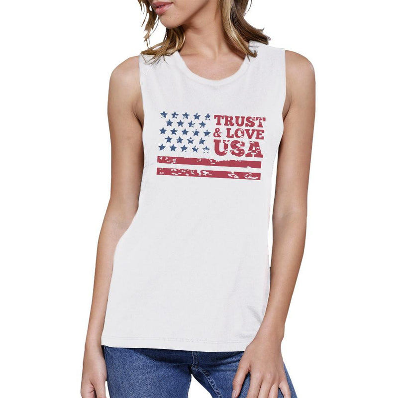 Trust & Love USA Womens White Muscle Tanks Round Neck Line Cotton