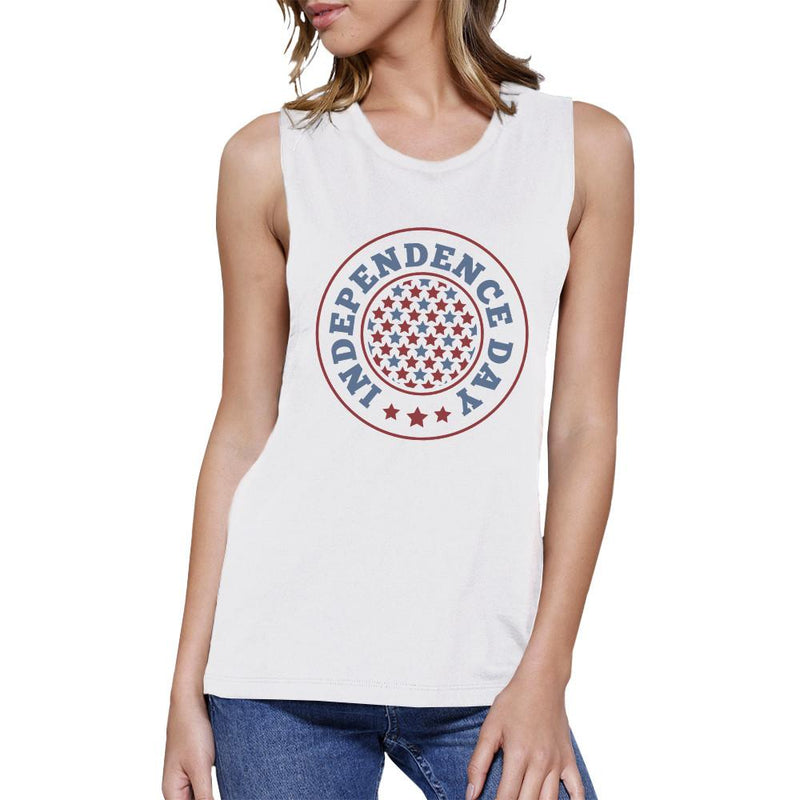 Independence Day White Crewneck Cotton Graphic Muscle Tee For Women