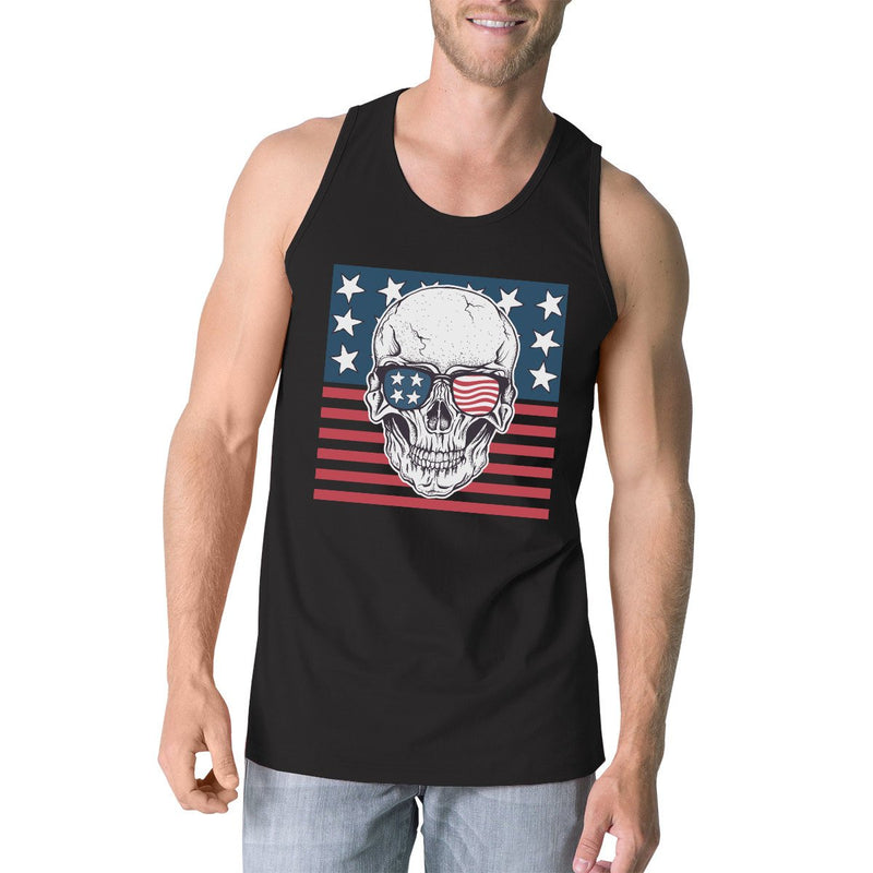 Skull American Flag Mens Black Tank Top Crewneck Line Cotton Tee