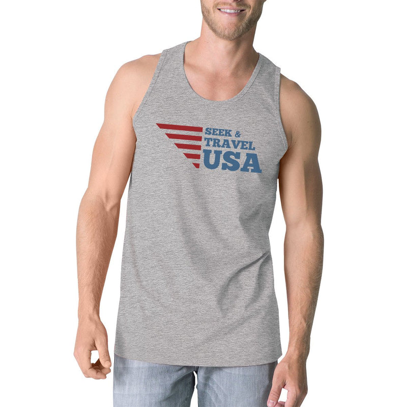 Seek & Travel USA Mens Gray Sleeveless Tee Shirt Round Neck Tanks