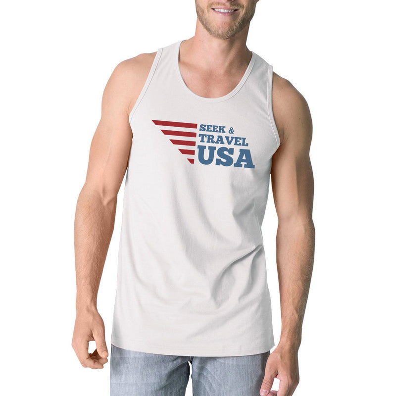 Seek & Travel USA Mens White Sleeveless Tee Shirt Round Neck Tanks