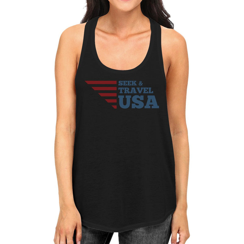 Seek & Travel USA Womens Black Sleeveless Tee Shirt Round Neck Tank