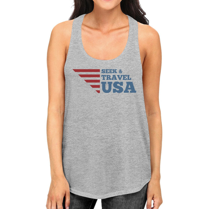 Seek & Travel USA Womens Gray Sleeveless Tee Shirt Round Neck Tank