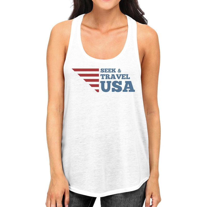 Seek & Travel USA Womens White Sleeveless Tee Shirt Round Neck Tank