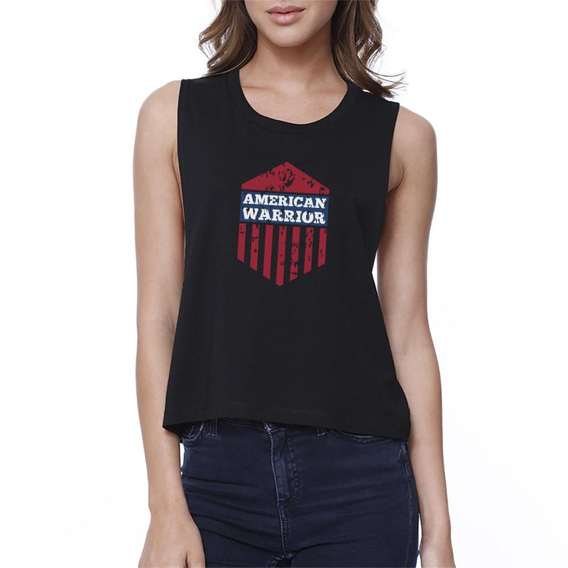 American Warrior Womens Black Crewneck Crop Tee Shirt Gift For Her