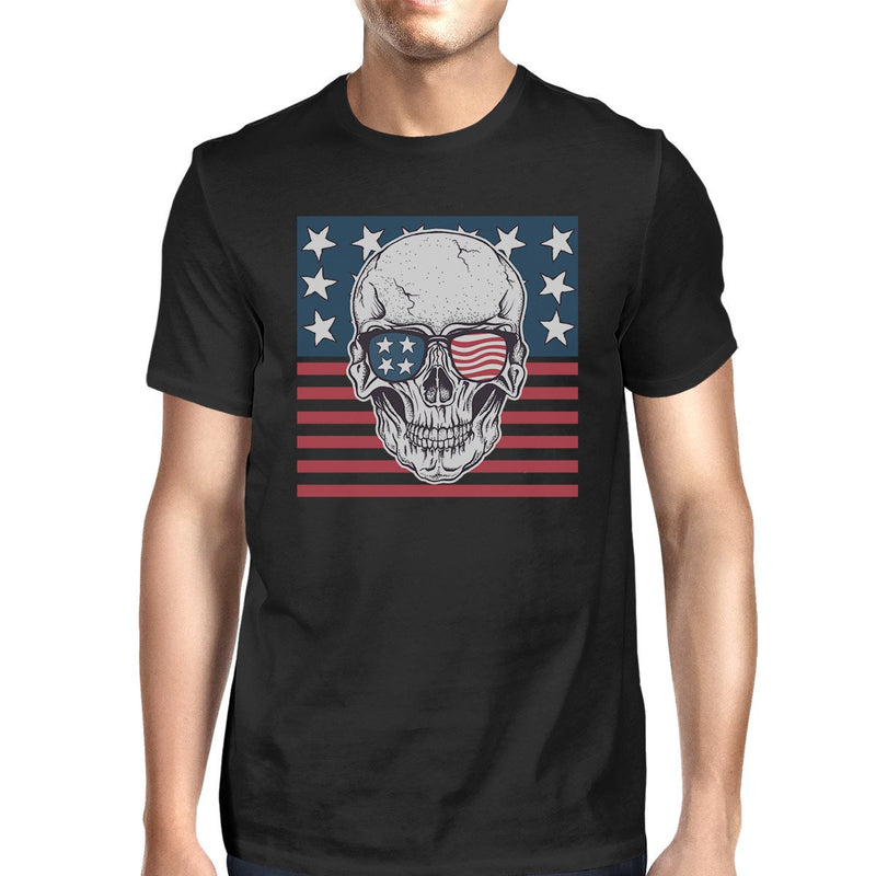 Skull American Flag Shirt Mens Black Round Neck Tee Gifts For Dad