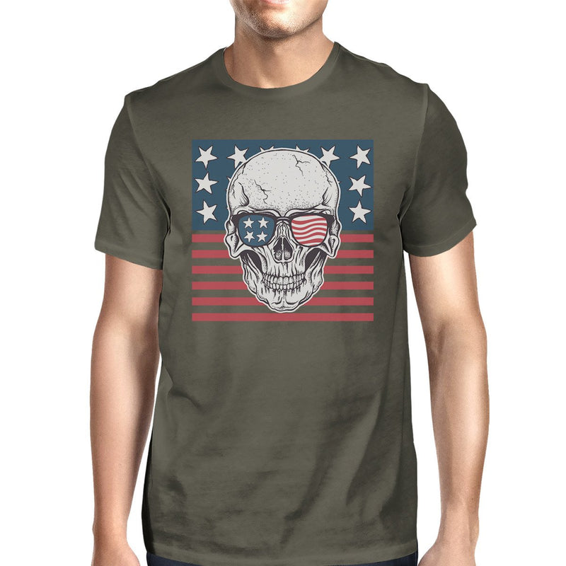 Skull American Flag Shirt Mens Dark Grey Round T-Shirt Gift For Dad