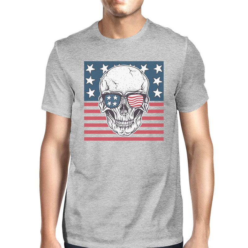 Skull American Flag Shirt Mens Gray Round Neck Tee Gifts For Dad