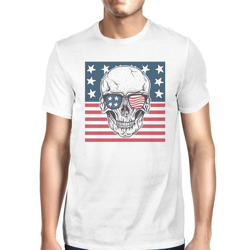 Skull American Flag Shirt Mens White Round Neck Tee Gifts For Dad