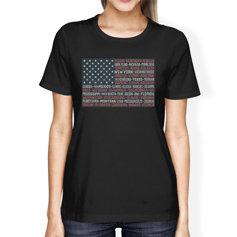 50 States US Flag American Flag Shirt Womens Black Cotton T-Shirt