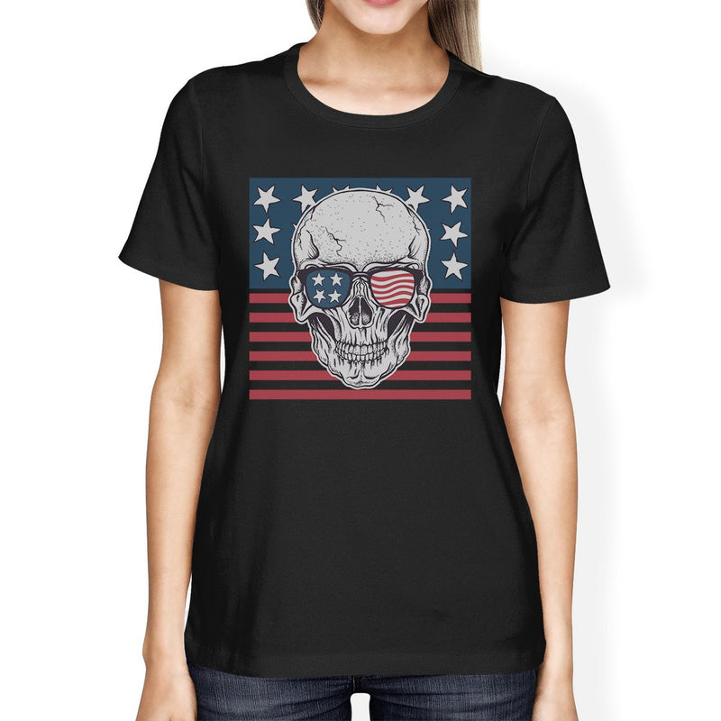 Skull American Flag Shirt Womens Black Round Neck Tee US Army Gift
