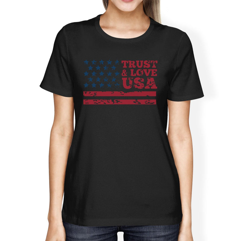 Trust & Love USA American Flag Shirt Womens Black Round Neck Tshirt