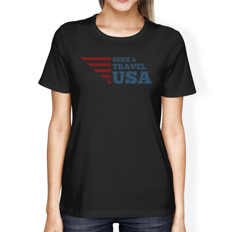 Seek & Travel USA American Flag Shirt Womens Black Graphic Tshirt