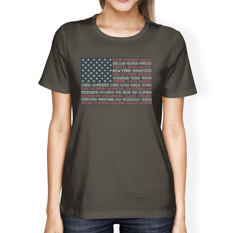 50 States American Flag Shirt Womens Dark Grey Cotton Graphic Tee