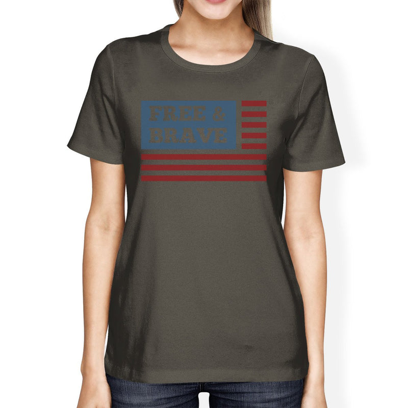 Free Brave US Flag American Flag Shirt Womens Dark Gray Graphic Tee