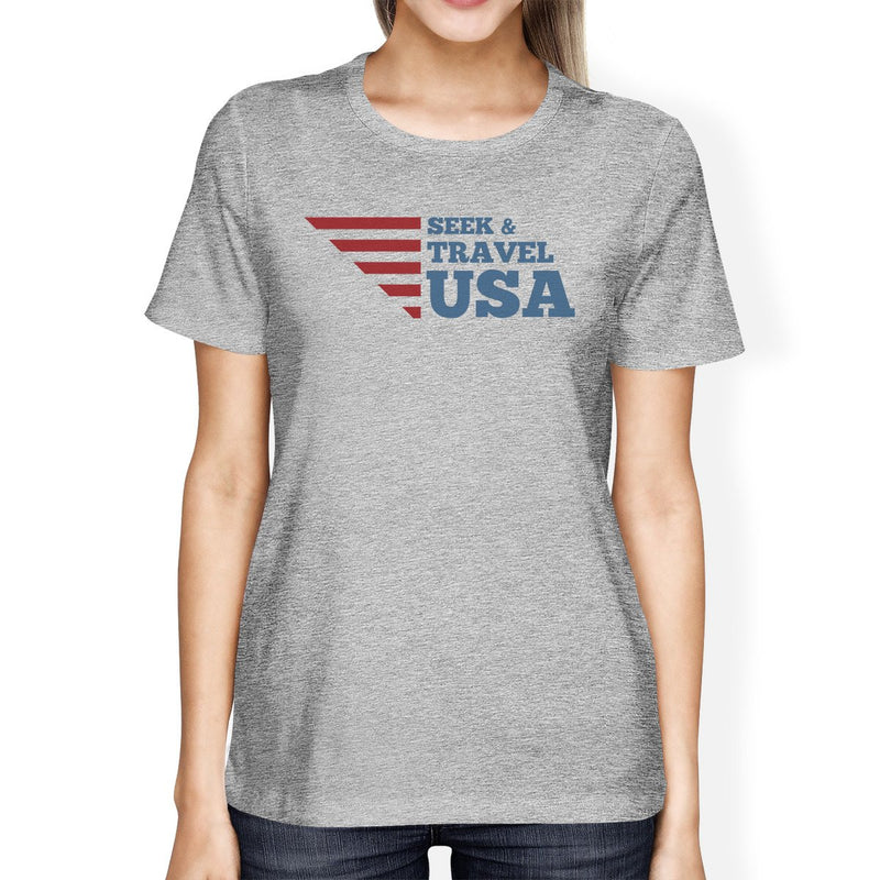 Seek & Travel USA American Flag Shirt Womens Gray Graphic Tshirt