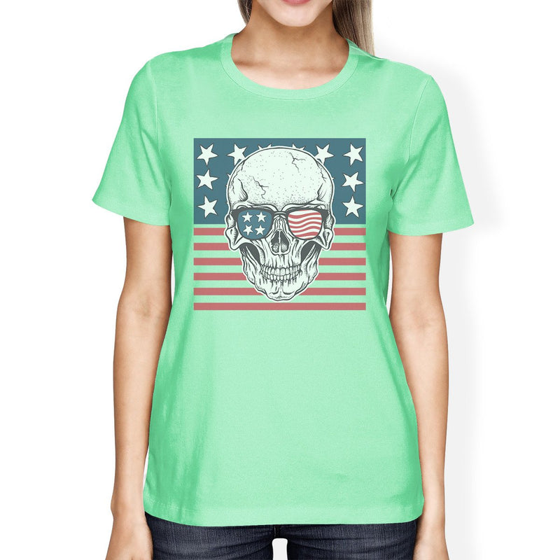 Skull American Flag Tee Womens Mint Round Neck US Army Gifts
