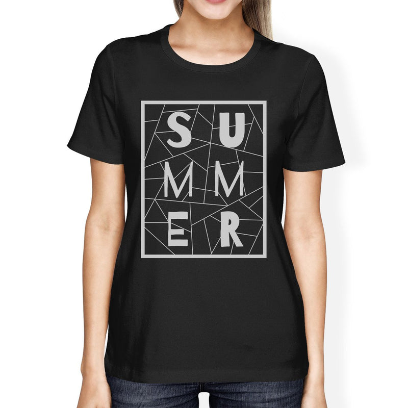 Summer Geometric Lettering Womens Black Tshirt Cotton Trendy Design