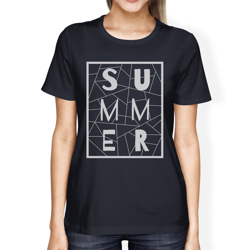 Summer Geometric Womens Navy Trendy Lettering Graphic Tshirt