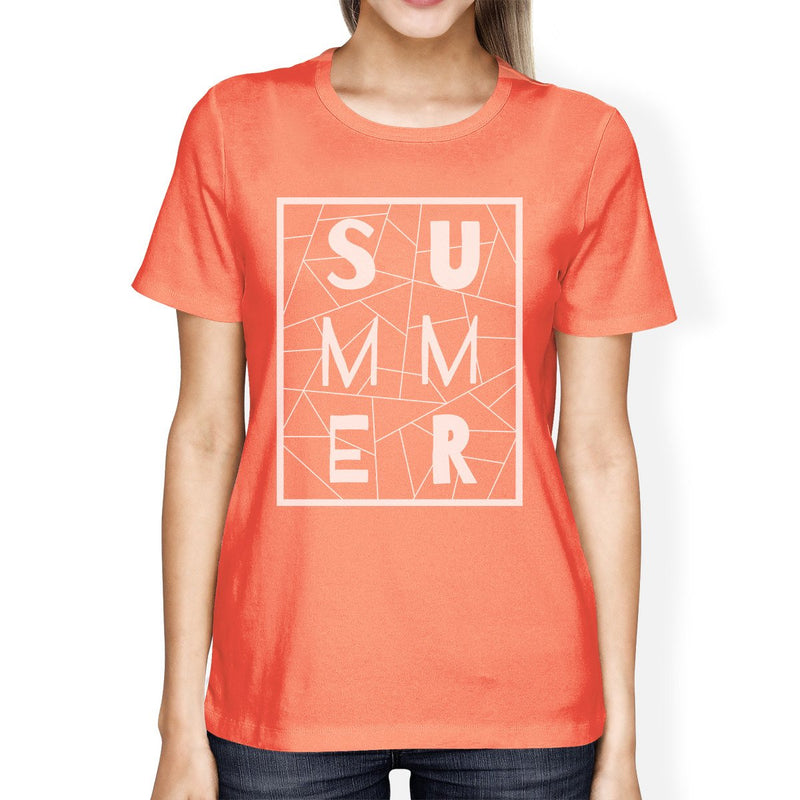 Summer Geometric Lettering Womens Peach Tshirt Cotton Trendy Design