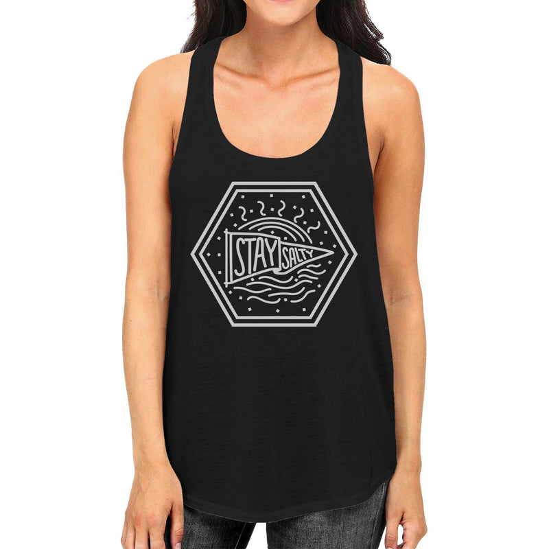 Stay Salty Womens Black Graphic Tank Top Crewneck Line Graphic Tank