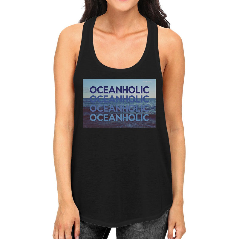 Ocean Holic Womens Black Graphic Tanks Lightweight Tropical Design