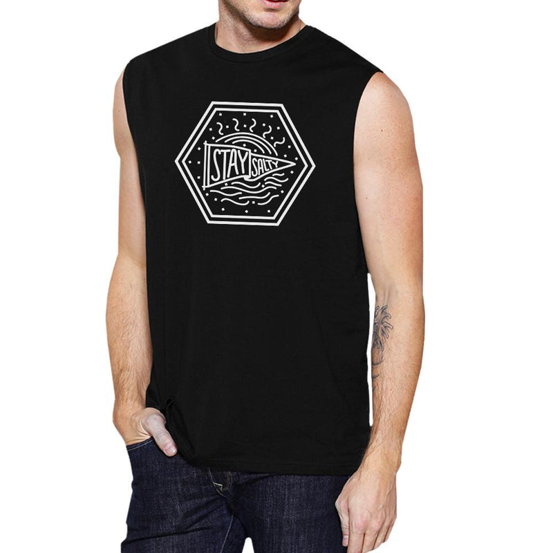 Stay Salty Mens Black Graphic Muscle Top Crewneck Line Graphic Tank
