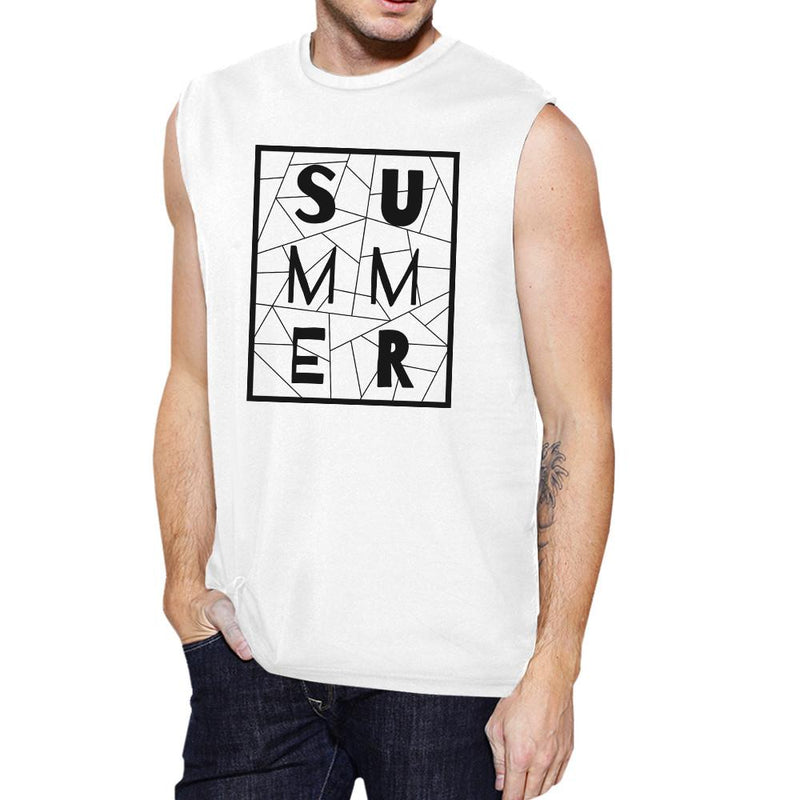 Summer Geometric Lettering Mens White Muscle Tee Crew Neck Line