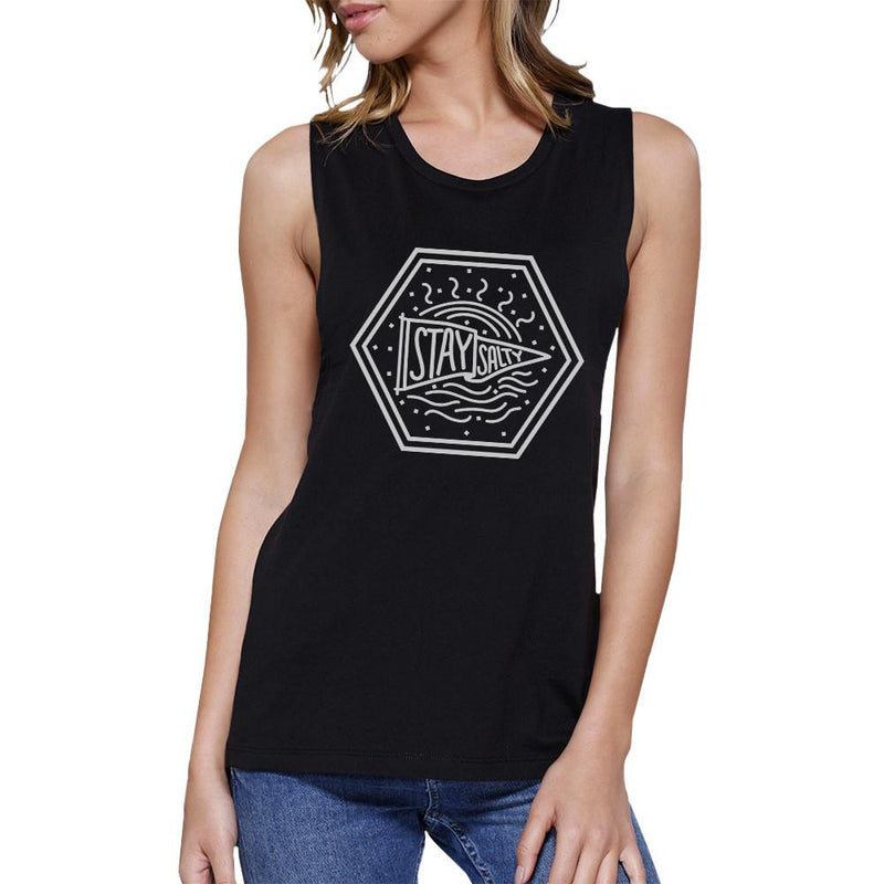 Stay Salty Womens Black Graphic Muscle Top Round Neck Graphic Tanks