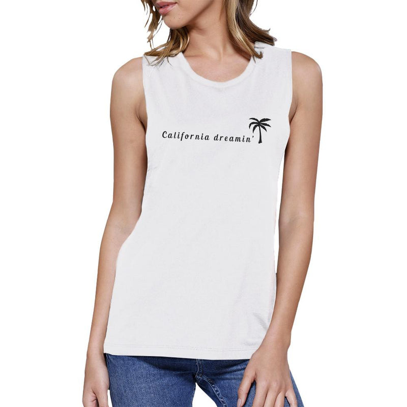 California Dreaming Womens White Muscle Top Lightweight Summer Tee