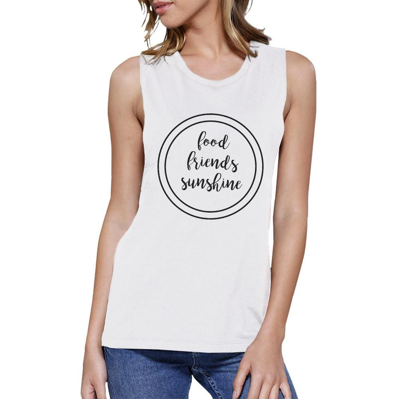 Food Friends Sunshine Womens White Graphic Muscle Top Round Neck