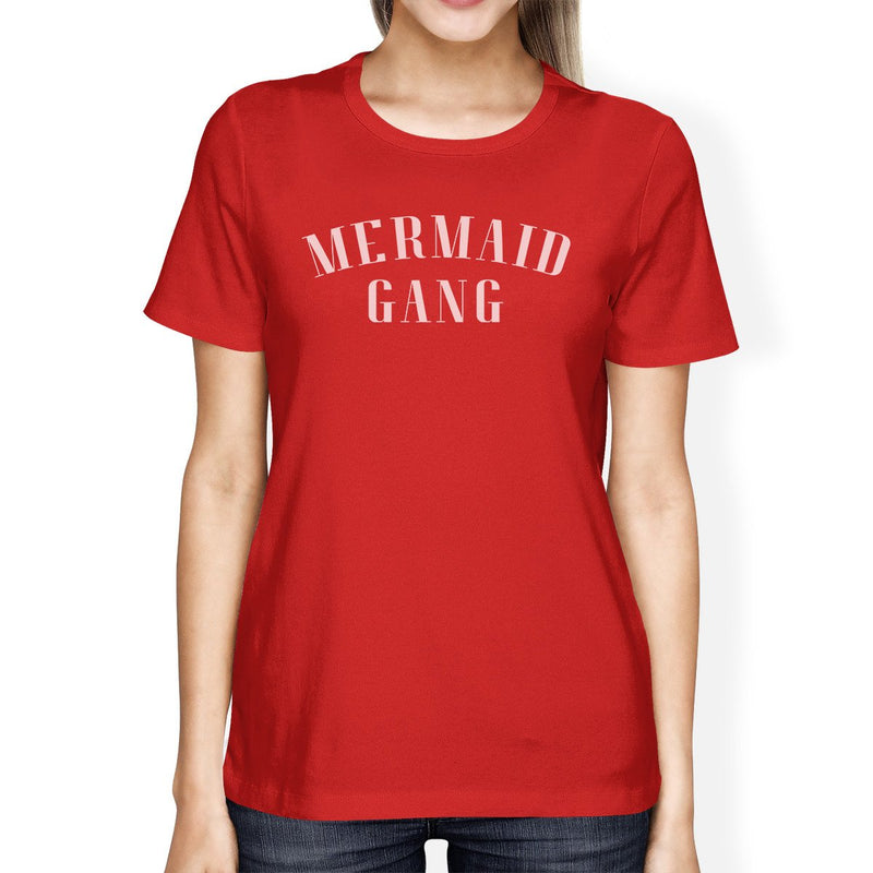 Mermaid Gang Red Womens Lightweight Cotton Graphic Tee Round Neck