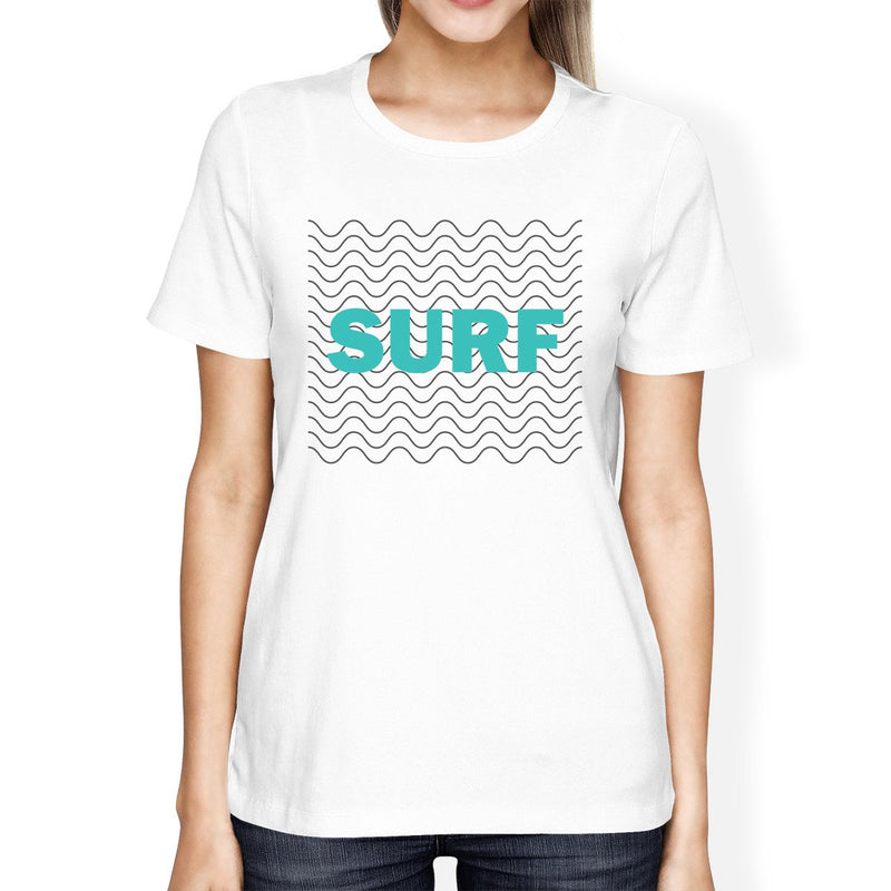 Surf Waves Womens White Round Neck T-Shirt Funny Design Cotton Tee