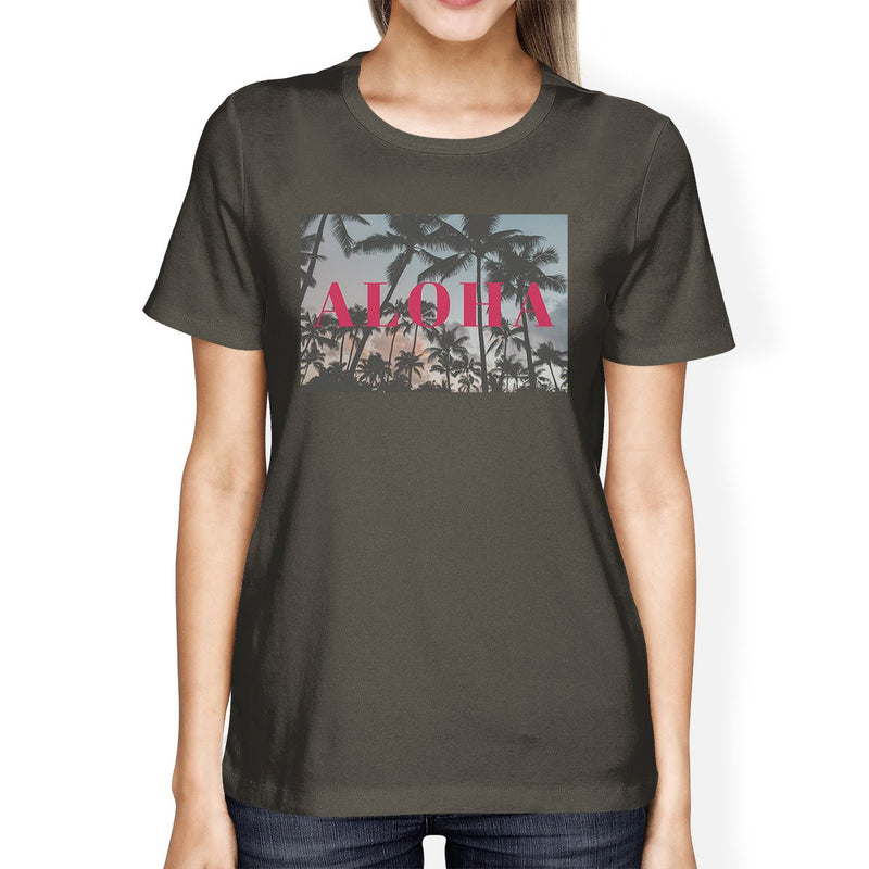 Hawaii Sunset Aloha Womens Dark Grey Cool Summer Short Sleeve Shirt