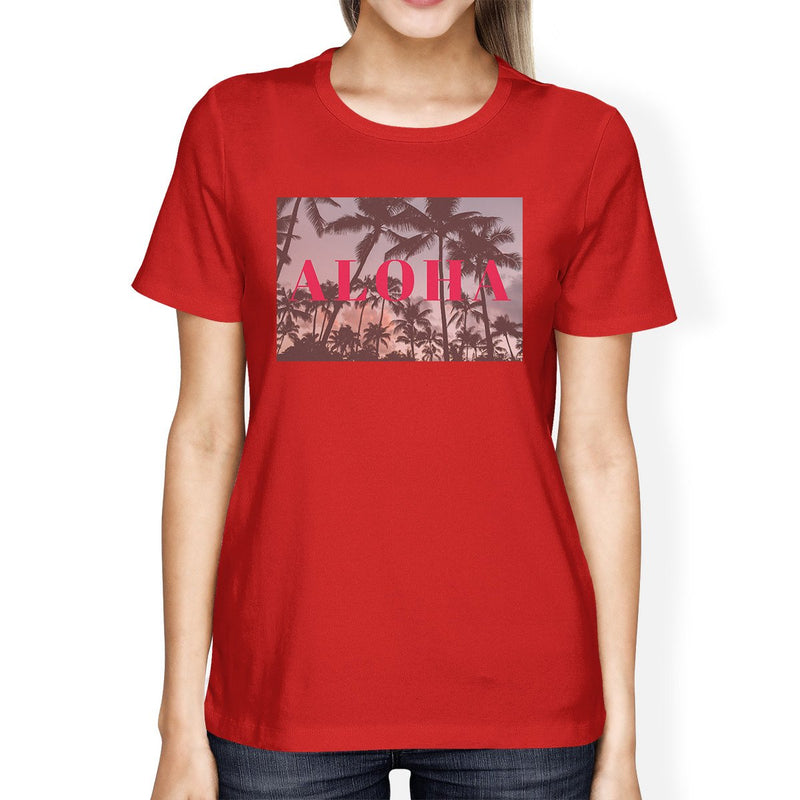 Aloha Hawaii Theme Womens Red Crewneck Short Sleeve Tee Summer Top