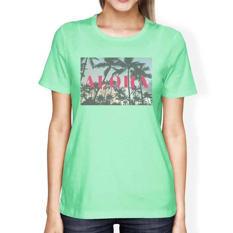 Aloha Letter Printed Womens Mint Tropical T-Shirt Round Neck Cotton