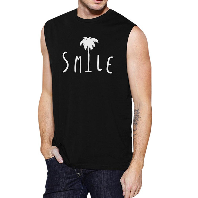 Smile Palm Tree Mens Black Cool Summer Muscle Tank Round Neck Line
