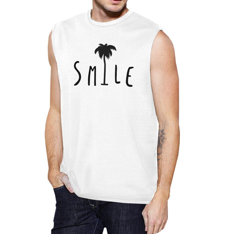 Smile Palm Tree Mens White Sleeveless Muscle Tee Cool Summer Top