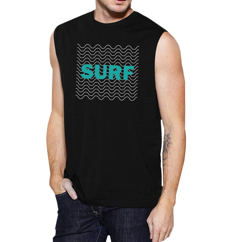 Surf Waves Mens Black Unique Graphic Muscle Tee For Ocean Lovers