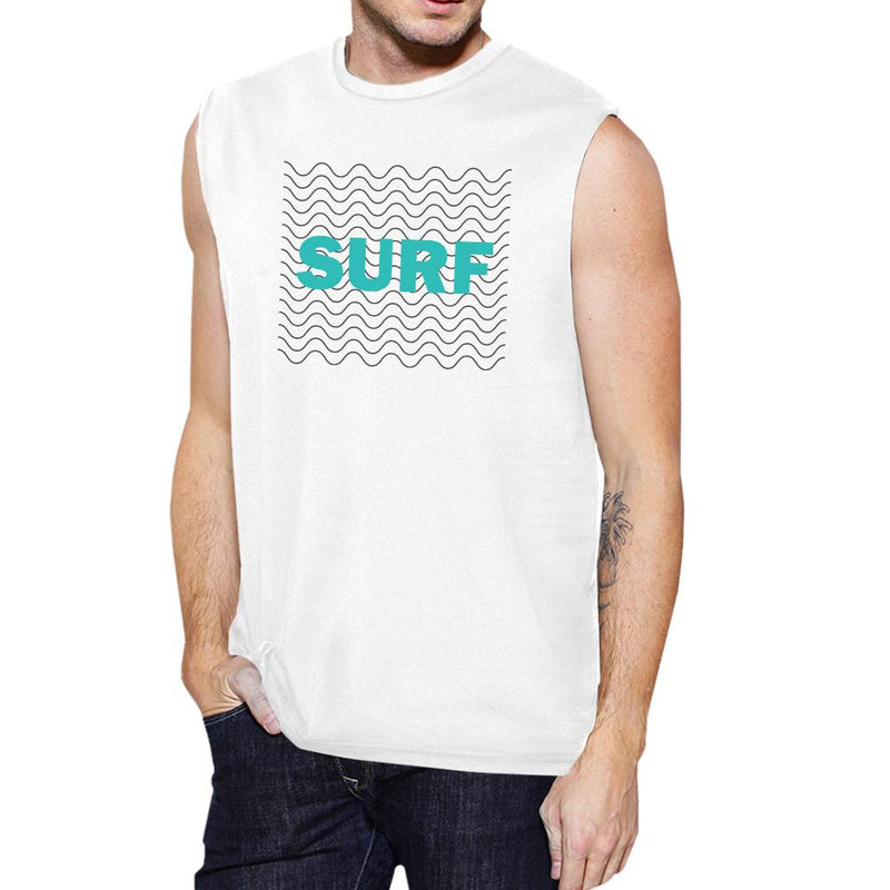 Surf Waves Mens White Muscle Tank Top Cool Sleeveless Summer Top