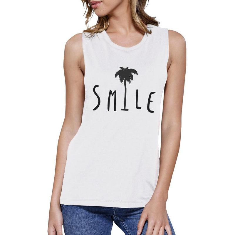 Smile Palm Tree Womens White Sleeveless Muscle Top Cool Summer Top