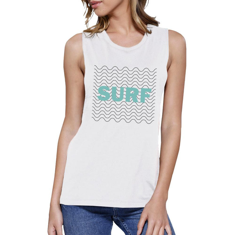 Surf Waves Womens White Muscle Tank Top Cool Summer Cotton Tanks