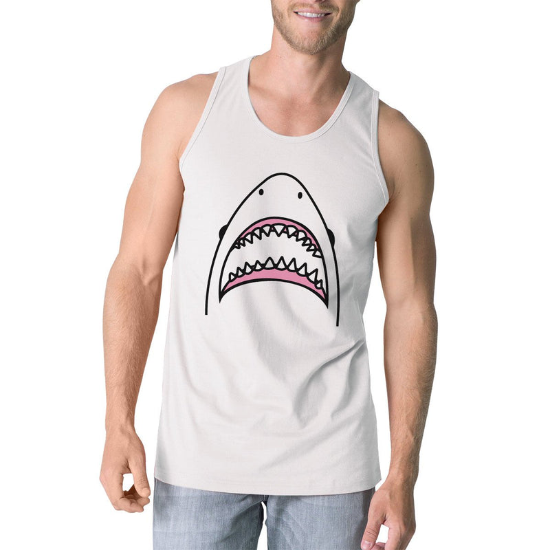 Shark Mens White Lightweight Cool Tank Top Cotton Crew Neck Line