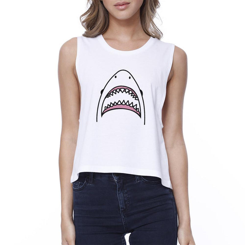 Shark Womens White Lightweight Cotton Cropped Top Cute Summer Top